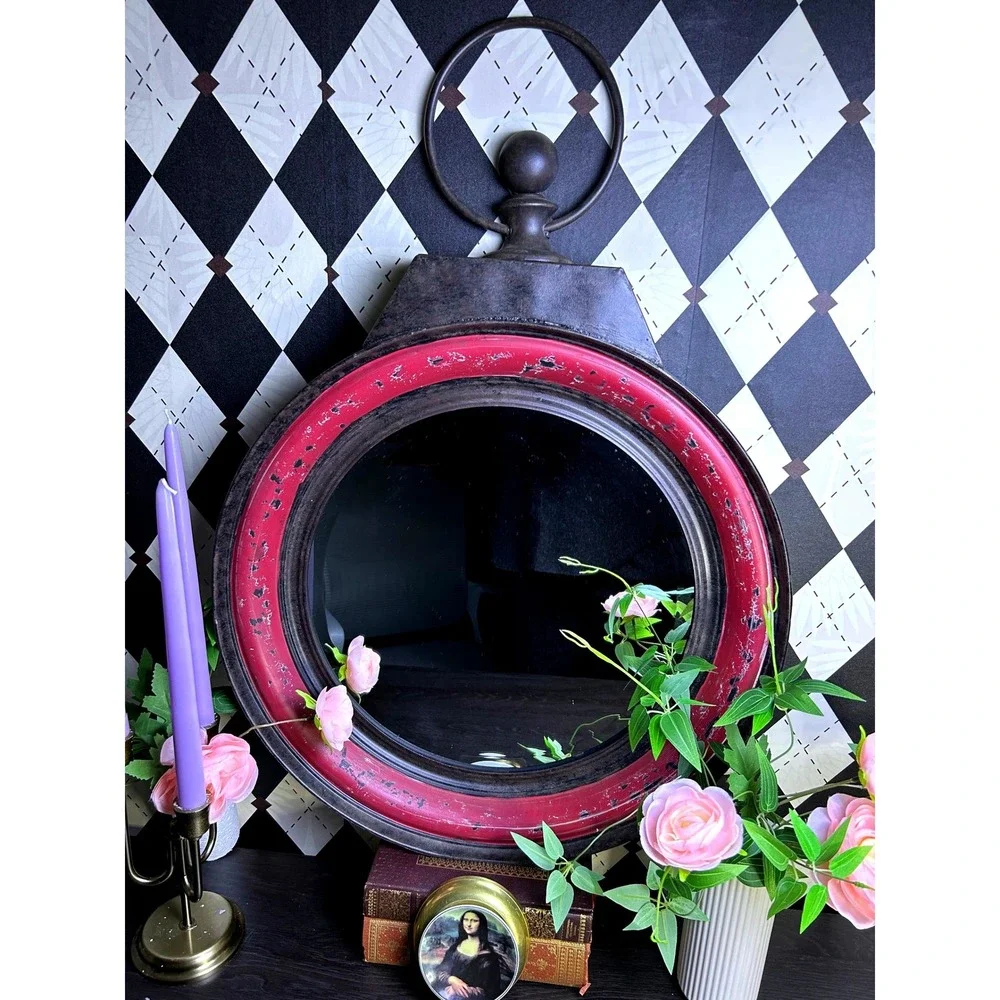 Oversized Industrial Round Mirror Distressed Berry Metal Wall Accent 24